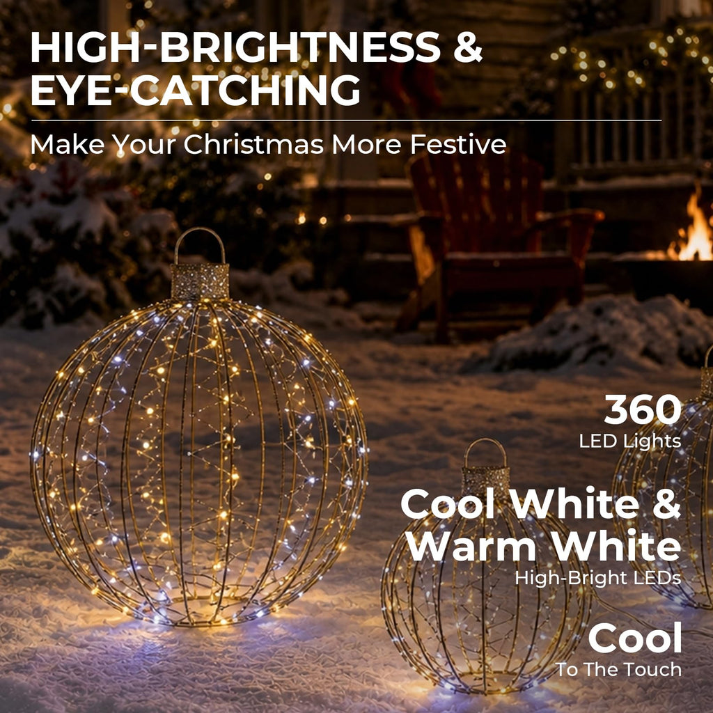3-Piece Large Lighted Balls Outdoor Christmas Decorations Light Balls Outdoor Hanging Christmas Twinkle Ornaments Set