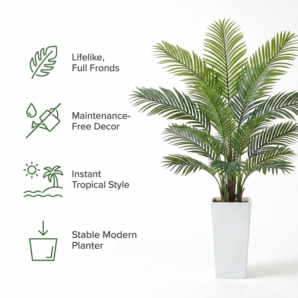 5FT Artificial Palm Tree, Tall Faux Tropical Areca Plants with White Tall Planter, Fake Potted Tree with Lifelike