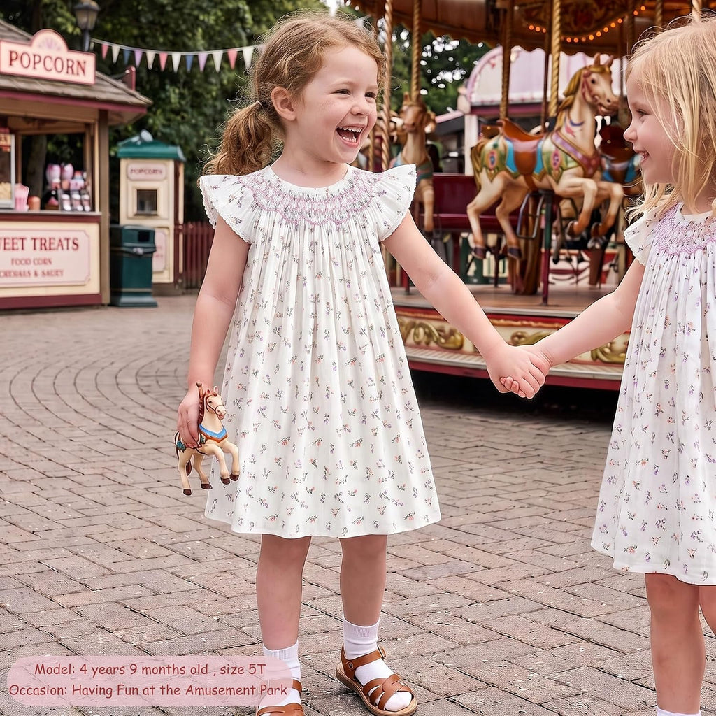 Baby Girl Smocked Dress Summer Casual Short Sleeve Dresses Floral Print Sundress Princess Dress for Toddlers