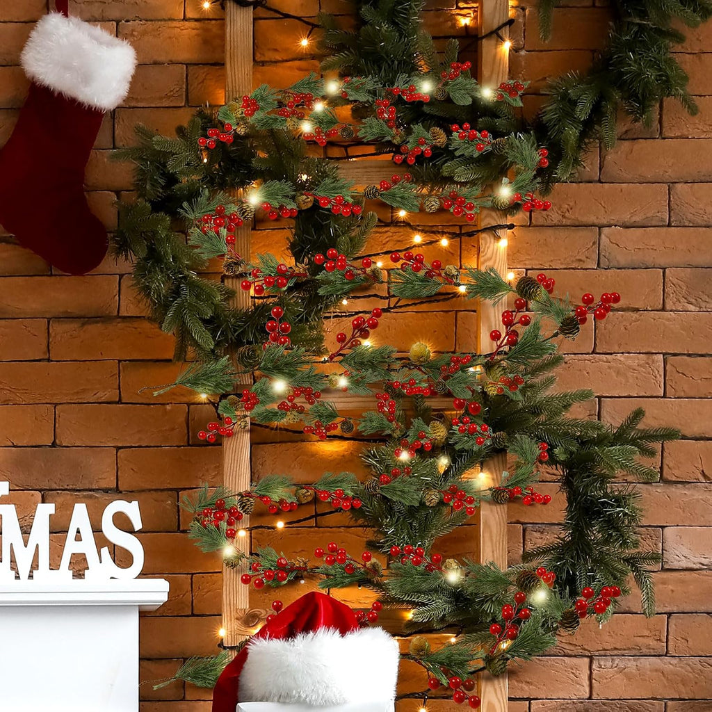 2 Pcs 19.68 ft Christmas Garlands Total Smokey Pine Garland with Red Berry Pine Cone Christmas Greenery Garland