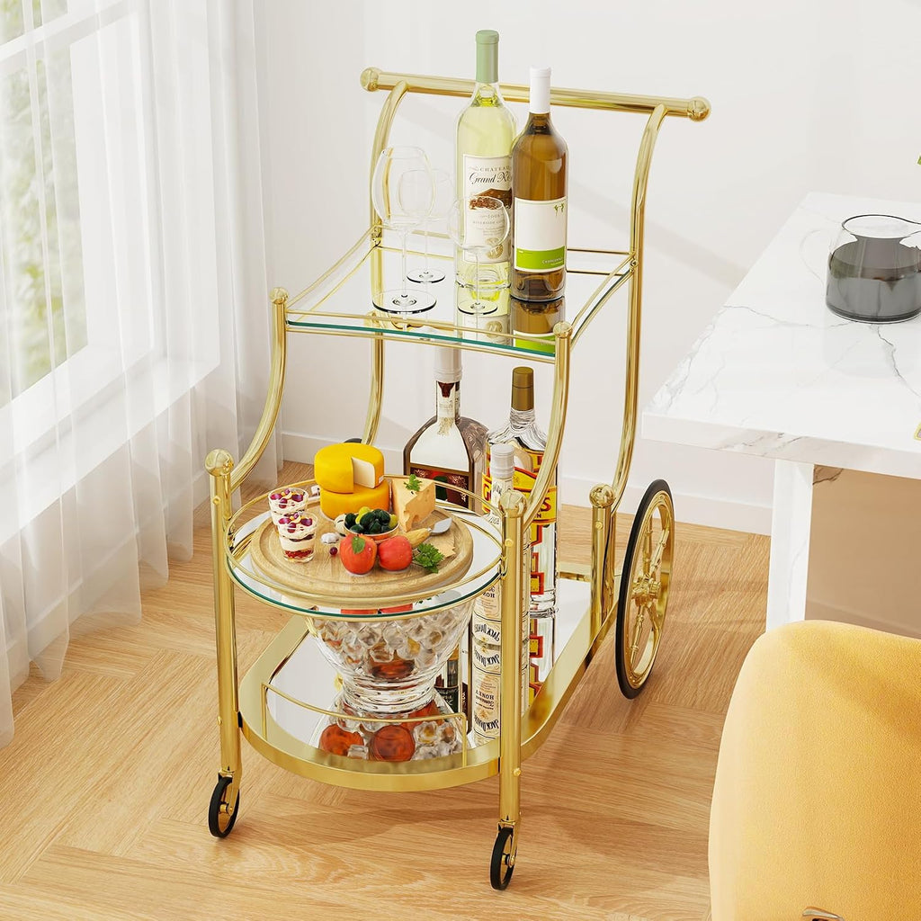 Bar Cart, 3-Tier Rolling Home Bar Serving Cart with Mirrored Shelves & 4 Wheels, Mobile Beverage & Wine Cart (Gold)