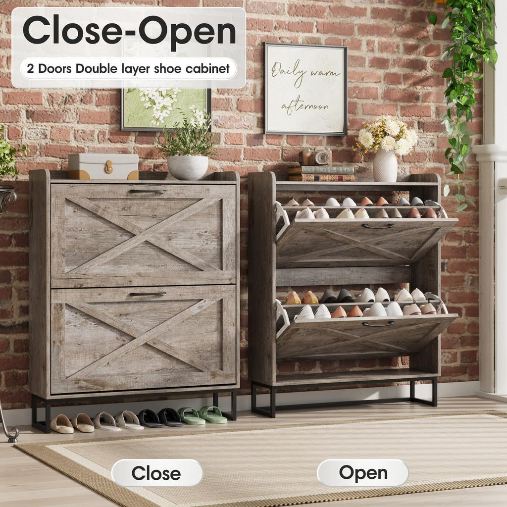 Shoe Storage Cabinet with 2 Flip Drawers, Freestanding Organizer with Metal Legs, Narrow Shoe Rack Cabinet, Light