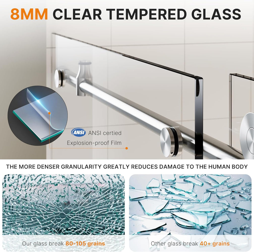 Frameless Shower Door, 60-64" W x 72" H Sliding Shower Door - 5/16"(8mm) SGCC Tempered Glass - Silent Soft-Close