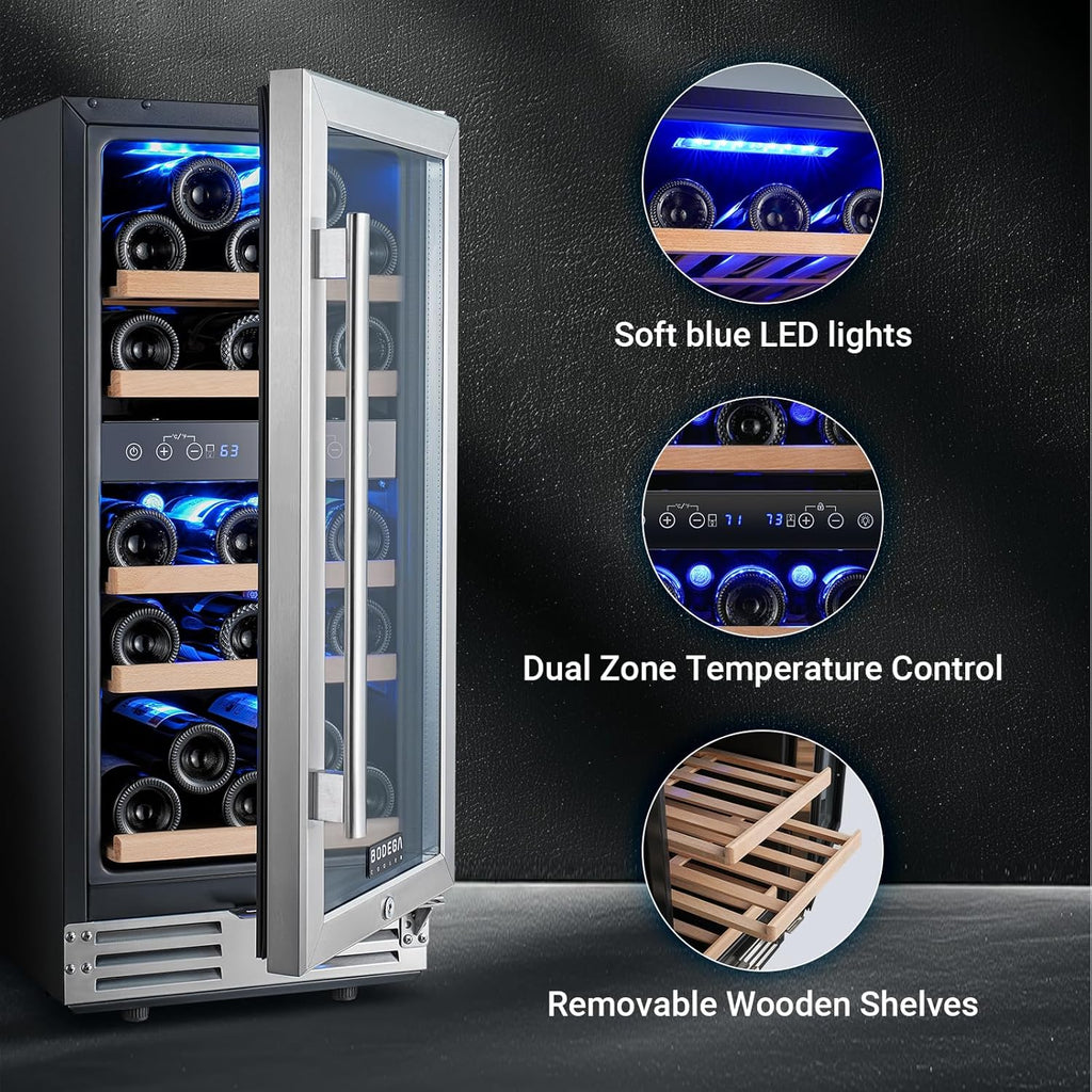 15 Inch Dual Zone Wine Fridge, 30 Bottle, Black 15” Wine Cooler Under Counter Fo