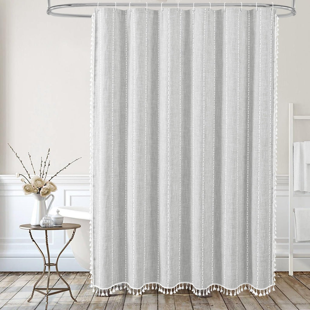 Farmhouse Tassel Linen Shower Curtain, 3D Embroidery Stripe Light Grey, 72x96