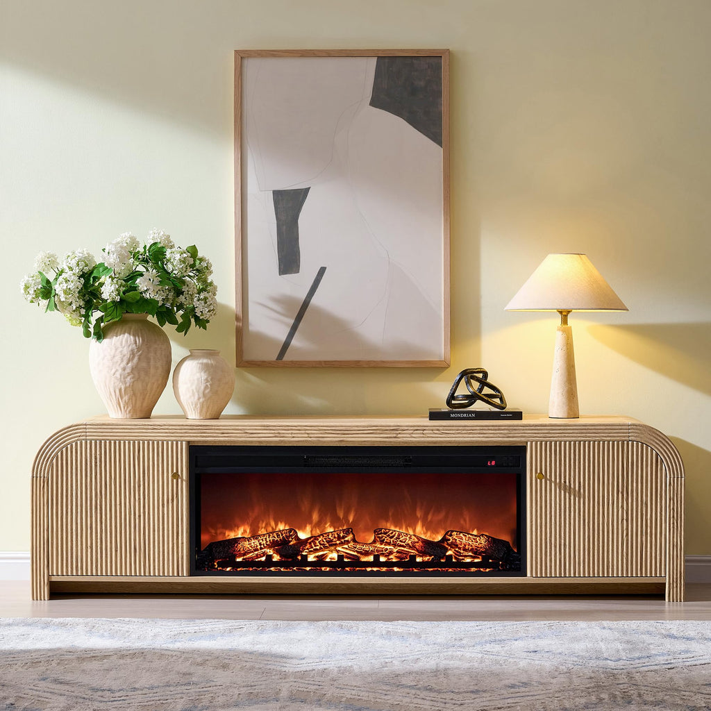 70" Fluted Fireplace TV Stand with Rounded Corner, Natural Oak