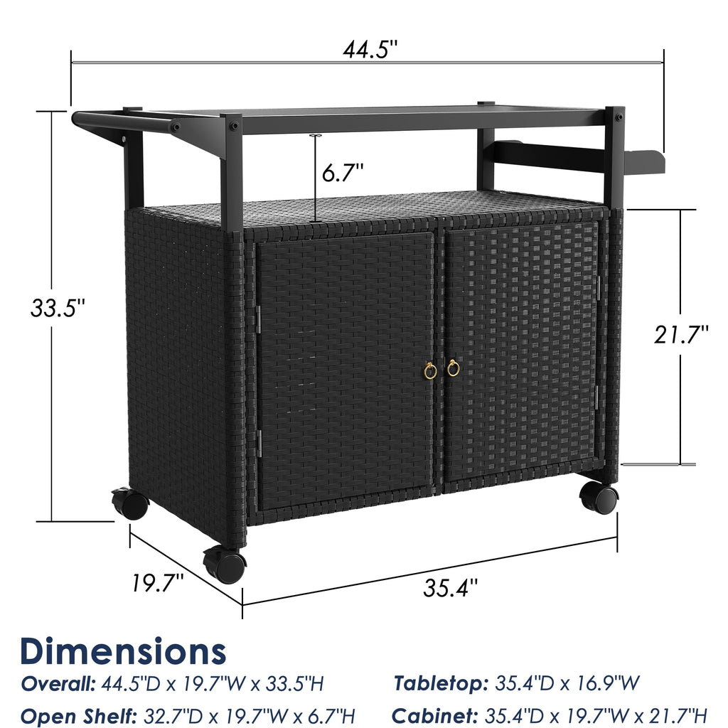 Outdoor Bar Table, Wicker Bar Cart with Cabinet, Patio Serving Cart with Tempered Glass Top, Lockable Wheels, Rounded