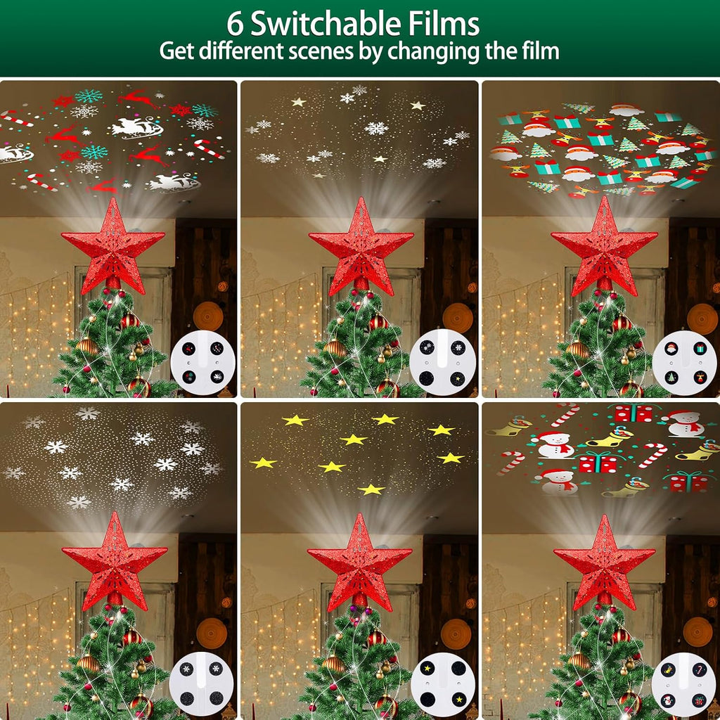 Tree Topper Lighted with 6 Projected Patterns -Christmas Star Tree Topper Built-Led Rotating Lights -3D Glitter