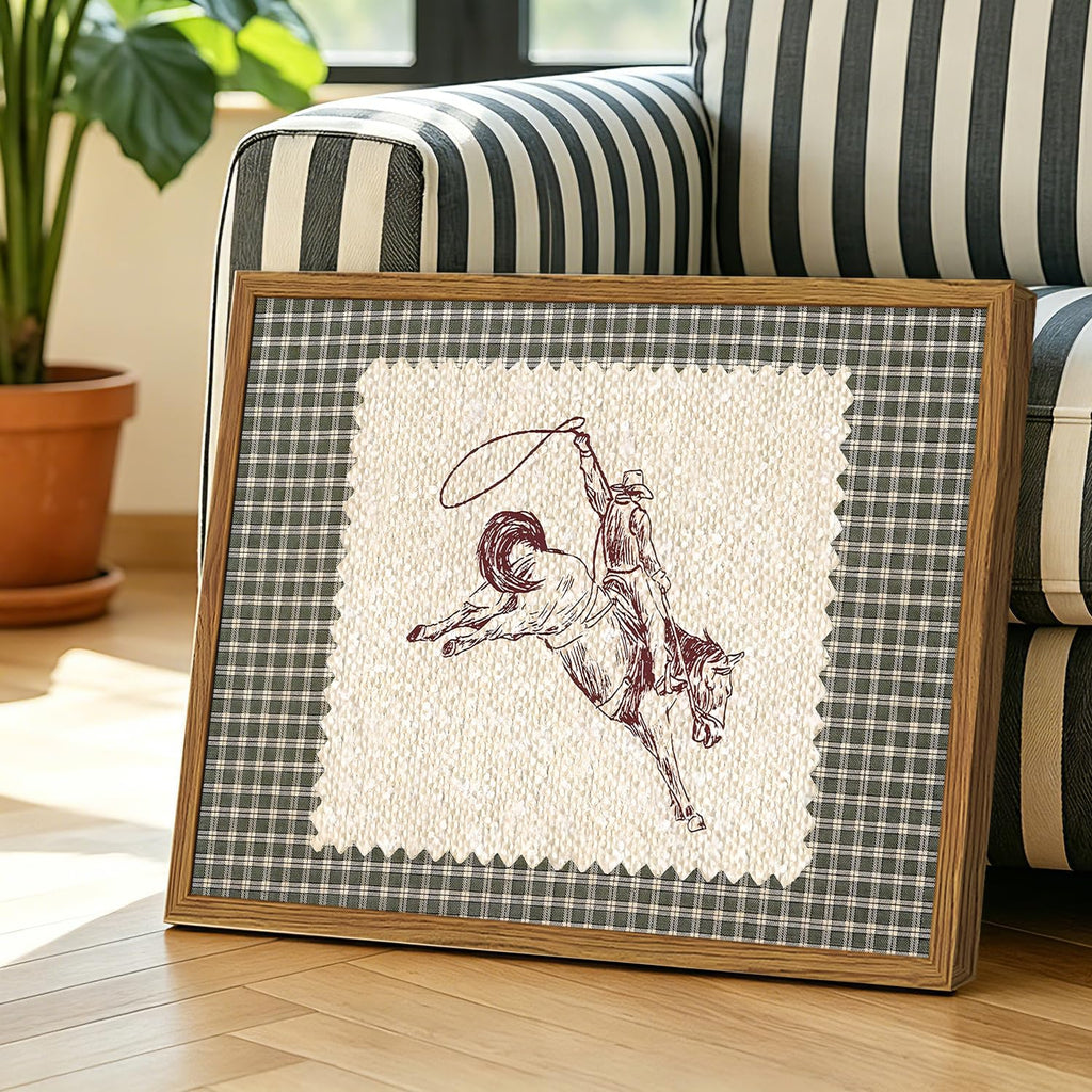 Framed Vintage Western Cowboy Wall Art, Southwestern Horse Rodeo Pictures Wall Decor, Mid Century Modern Green