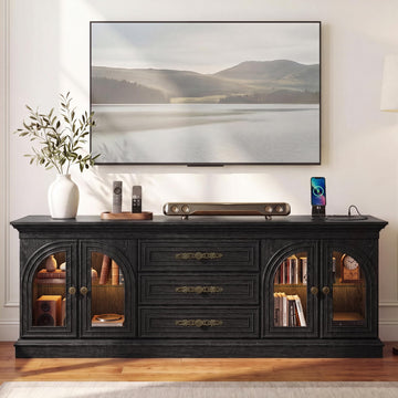 Farmhouse LED TV Stand for 70 Inch TV with Power Outlets, Black