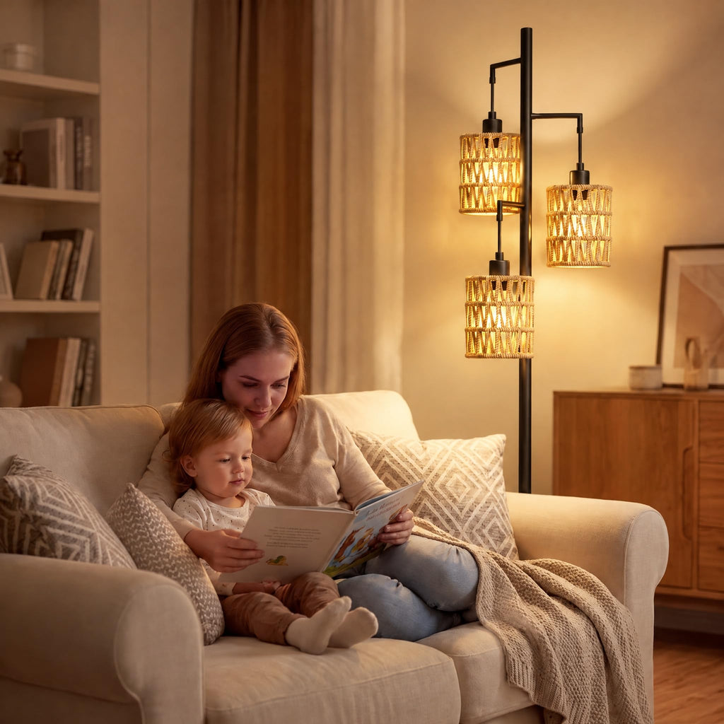 3 Lights Rattan Floor Lamps with ON/Off Foot Switch Tree Standing Lamp with Wood Rattan Lampshades Boho Floor Lamp