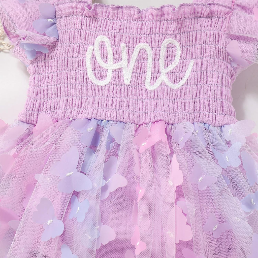 Baby Girls First Birthday Outfit Sqaure Neck Ruffle Fly Sleeve Tulle Tutu Romper Dress with Bowknot Headband