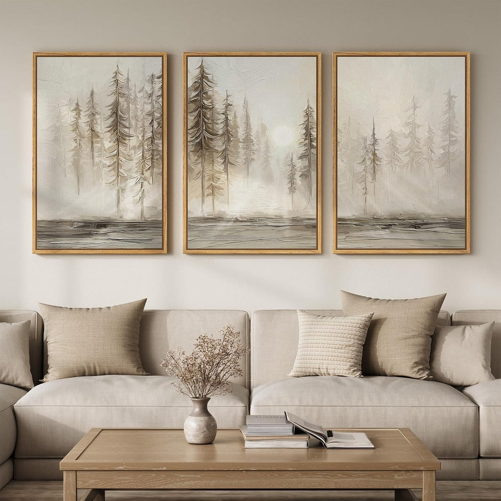 Large Framed Neutral Abstract Landscape Set of 3 Living Room Wall Art, Modern Misty Pine Forest Canvas Artwork for