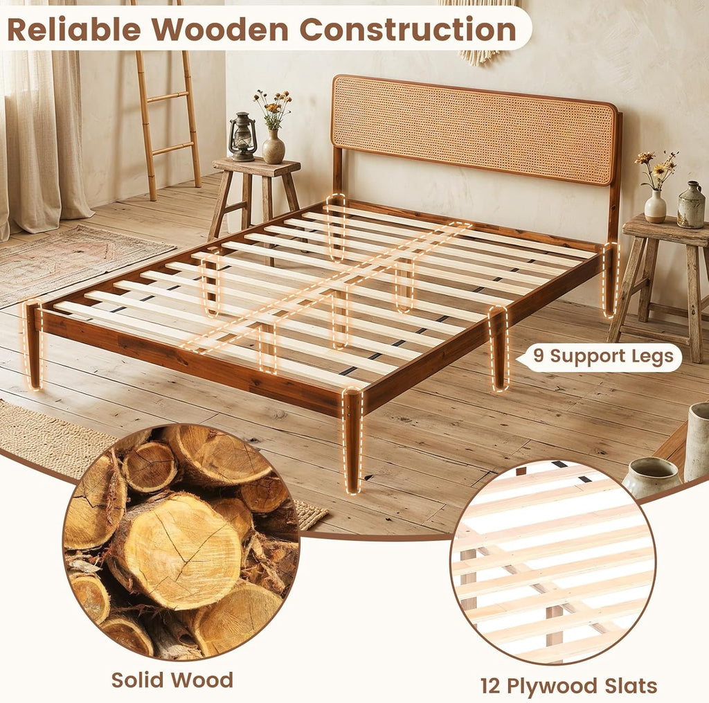 Rattan Queen Bed Frame, Boho Wood Platform Bed with Wicker Headboard, Wooden Mattress Foundation & Support Slats