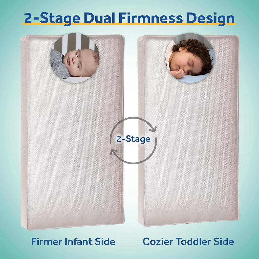2 Stage Infant Crib Mattress Plus Toddler Bed Fit, Breathable, Cooling Foam Cotton Cover, Dual Firmness &