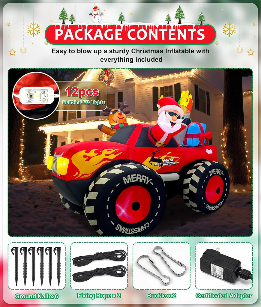 7FT Christmas Inflatable Outdoor Decoration, Inflatable Santa Claus & Reindeer on Monster Truck, Blow Up Yard