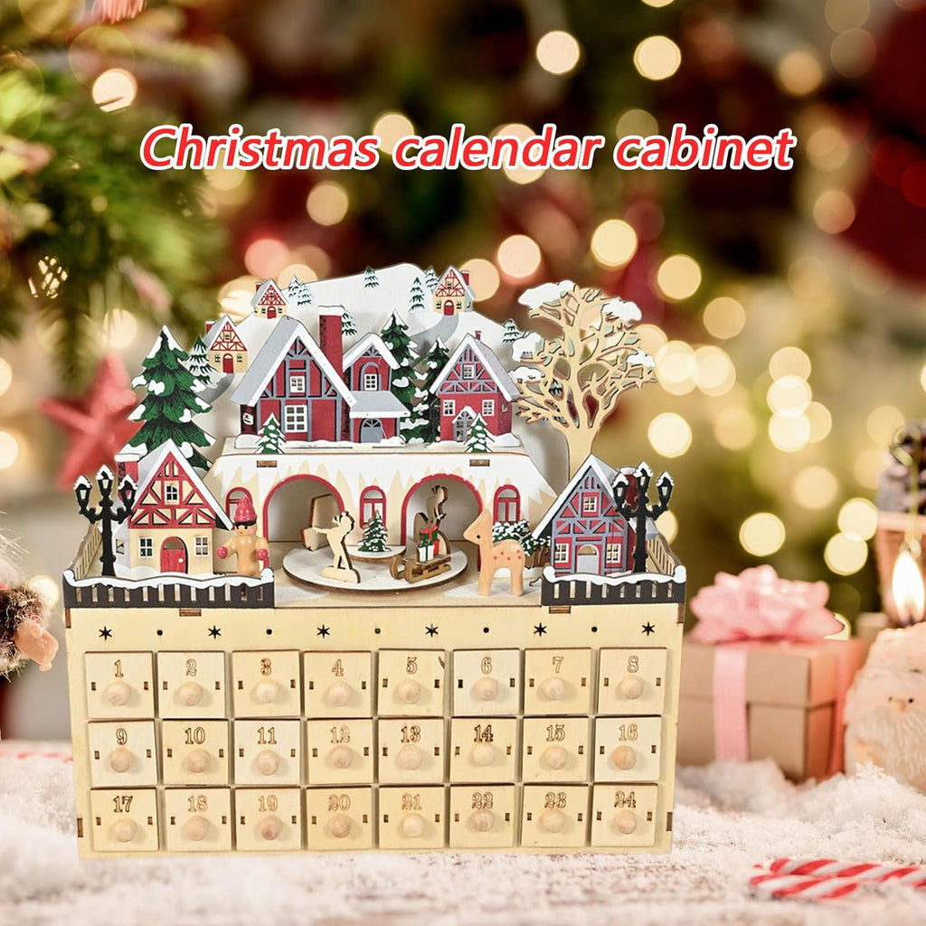 Wooden Advent Calendar, Hand Carved Christmas Calendar With House Tree LED Lights 24 Days With 24 Compartments