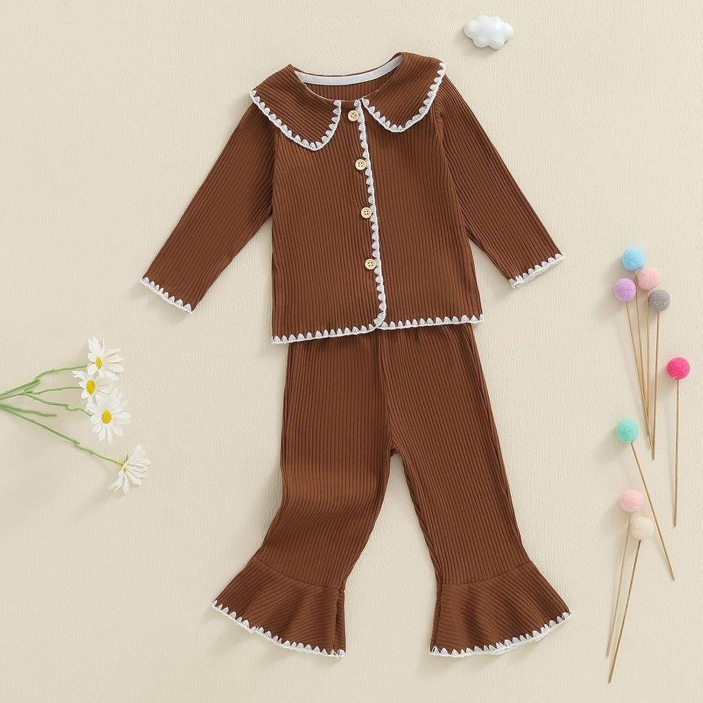 Toddler Baby Girl Fall Winter Outfits Ribbed Long Sleeve Button Down Shirt Tops Flare Pants Cute Clothes Set
