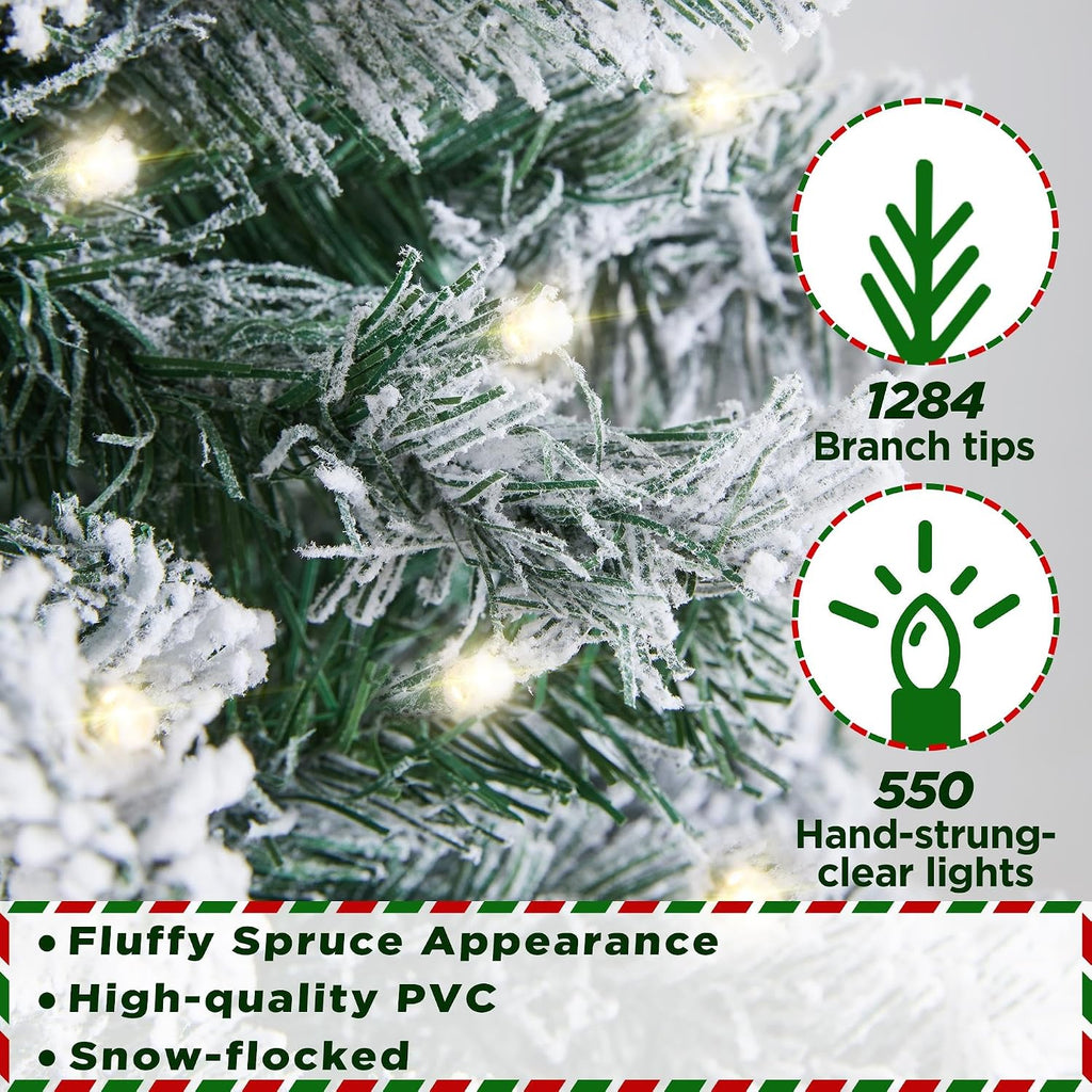 7.5ft Pre-lit Spruce Artificial Christmas Tree Snow Flocked Hinges Tree with 550 Multicolor LED Lights & 1284 Branch