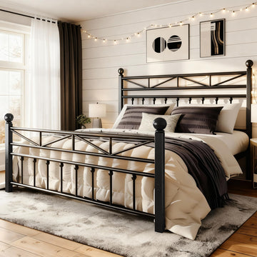 Victorian Metal Queen Size Bed Frame, Black, 54-Inch Tall Headboard