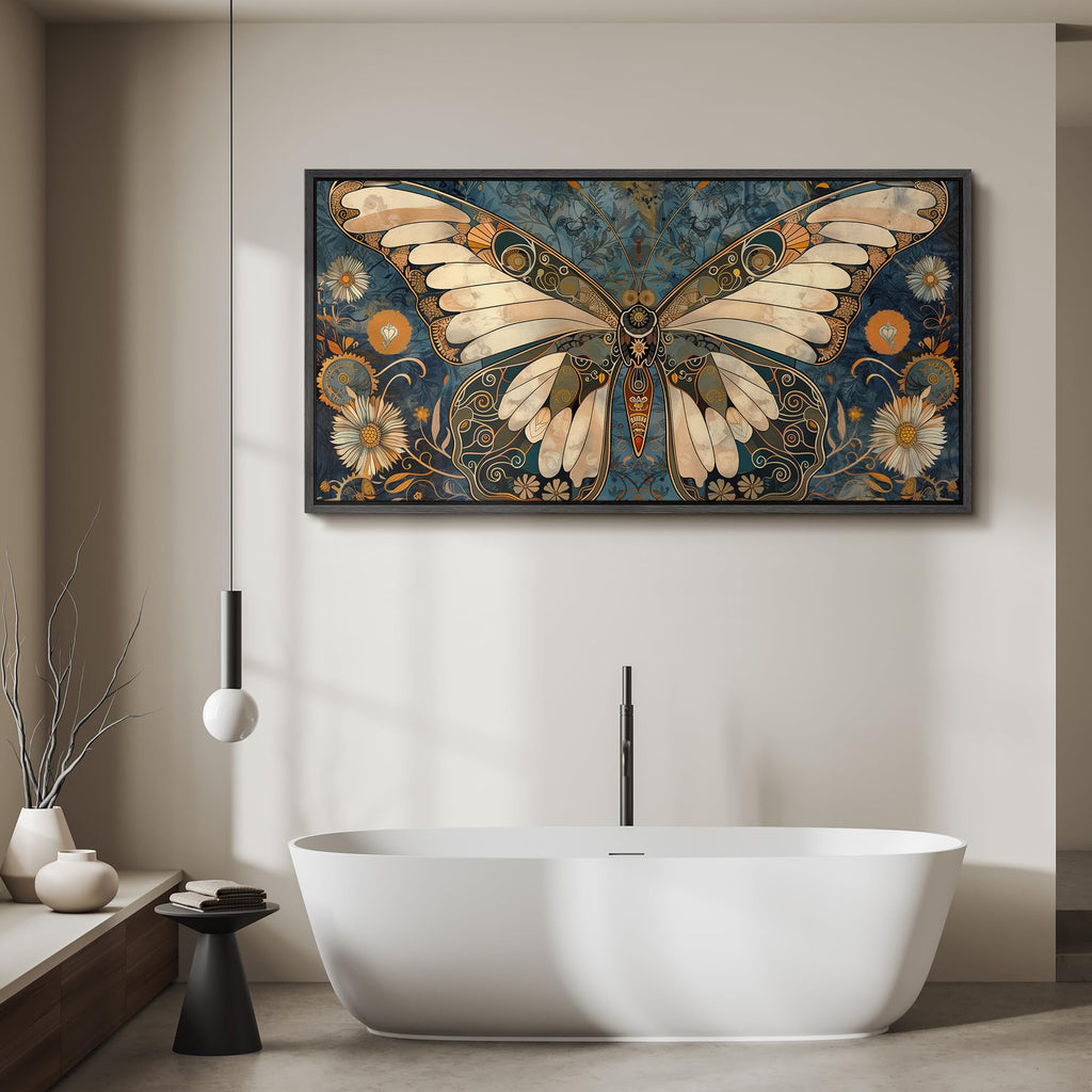 Extra Large Framed Canvas Ornate Butterfly and Flowers Vintage Style Illustrations Modern Art Calm Warm - 60"" x30