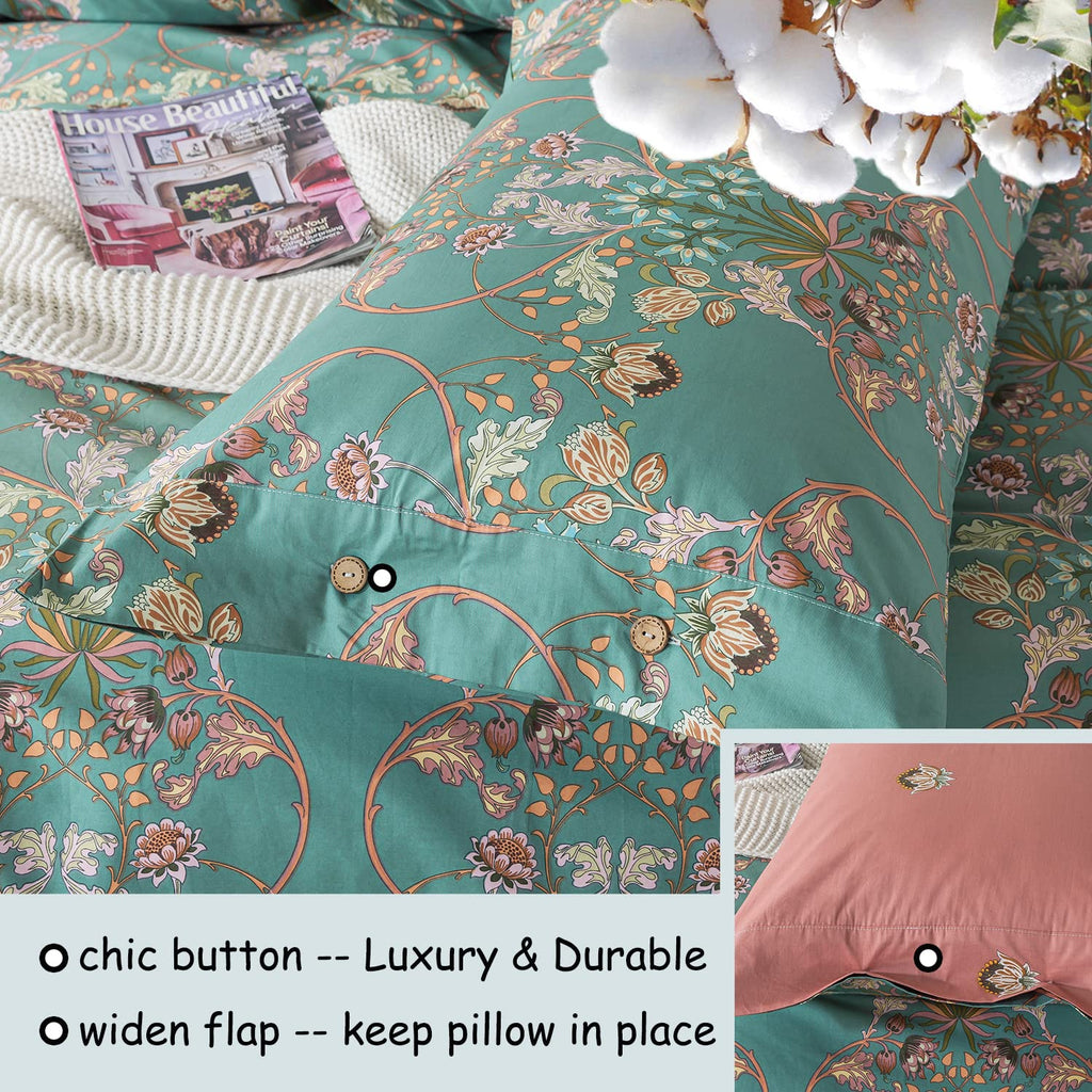 Duvet Cover Set Floral Bedding Button Closure Full Premium 100% Cotton 600 TC Shabby Vintage Reversible Blue Orange