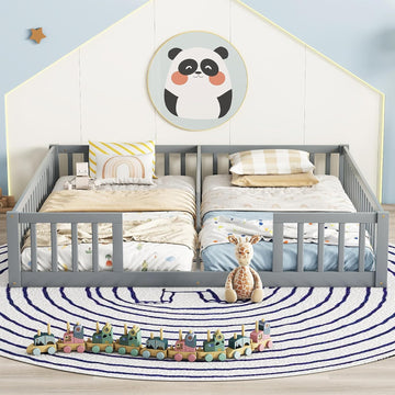 Double Floor Bed for Twins, Two Shared Beds, Floor Bed for 2 Kids, Double Bed with Guardrails for