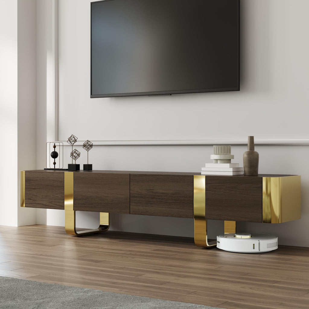 Walnut and Gold TV Stand, 79" TV Entertainment Center with 2 Hidden Storage Drawers and Cabinets, Media Console with