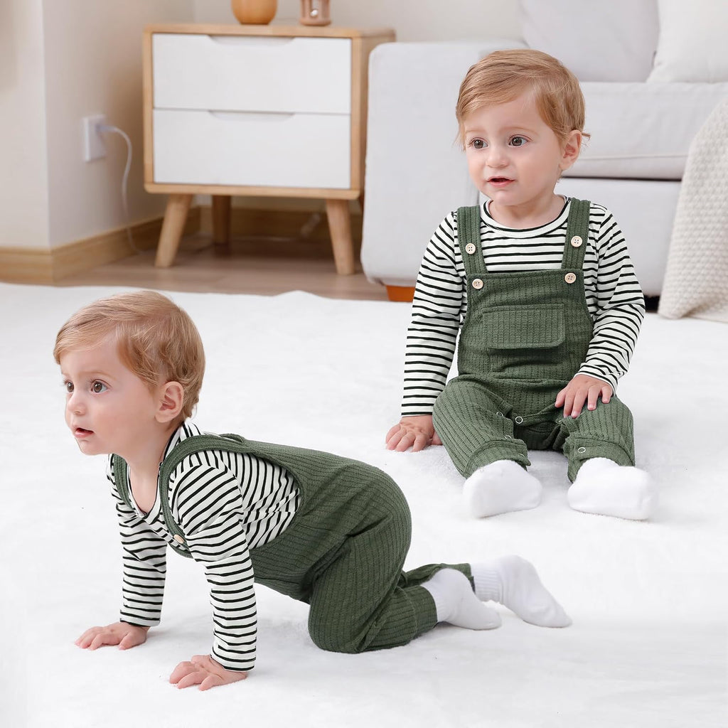 Newborn Baby Boy Clothes Infant Boy Romper Fall Winter Outfits Bodysuit 2Pcs Striped Long Sleeve Top Overalls