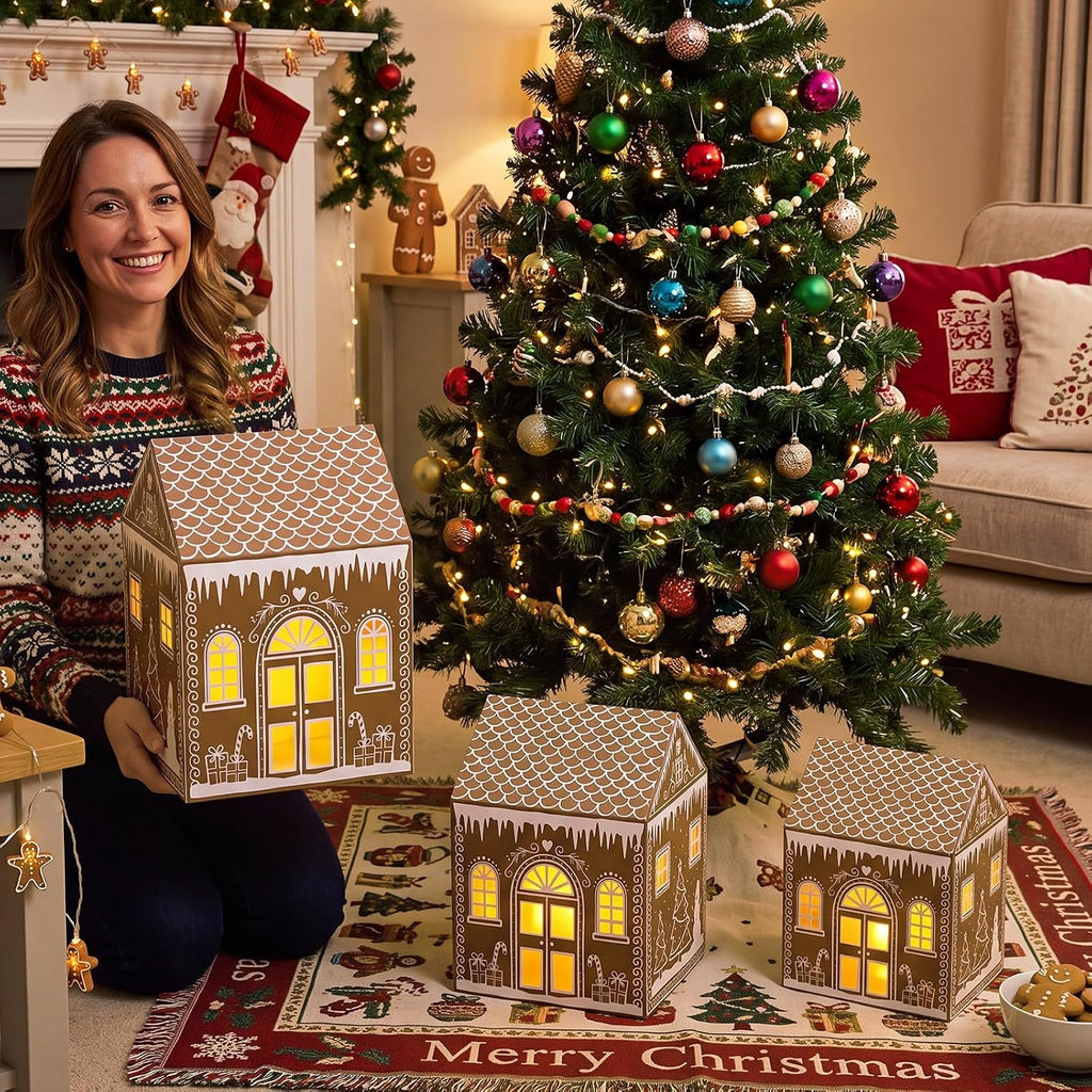 3 Set Gingerbread House Lighted Gift Boxes for Christmas Gingerbread Village Boxes with 3 LED Lights Light Up Present