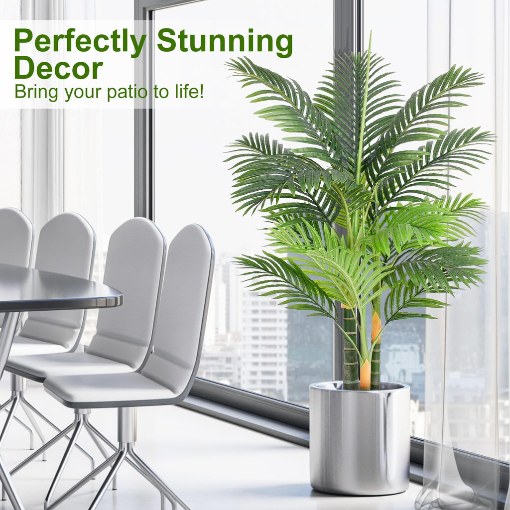 4ft Tall Triple Golden Cane Palm Artificial Tree Large Tropical Palm Tree UV Resistant Fake Plant in Pot for Indoor