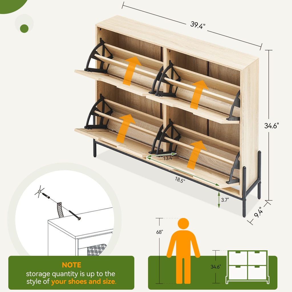 Rattan Shoe Storage Cabinet with 4 Flip Drawers, Freestanding Shoe Organizer with Adjustable Shelves, Narrow Shoe