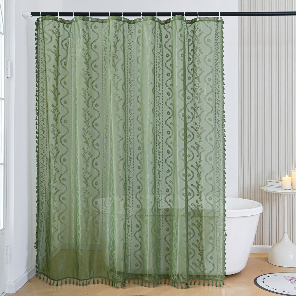 Dark Sage Green Lace Shower Curtain, Boho Chic Style, 72 x 72 in