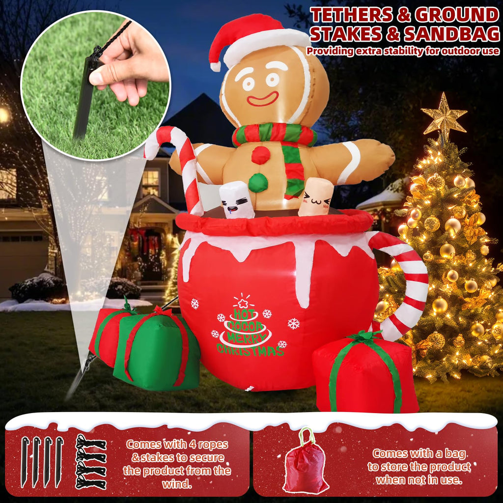 6ft Gingerbread Christmas Inflatable Outdoor Decoration, Christmas Outdoor Decoration Blow up Gingerbread Mug Yard
