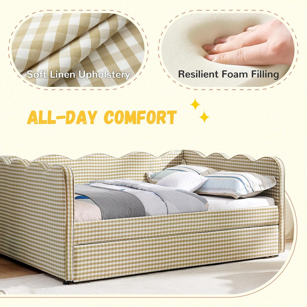 Full Size Gingham Daybed with Trundle and USB Ports | Upholstered Daybed Living Room Guest Room-Brown