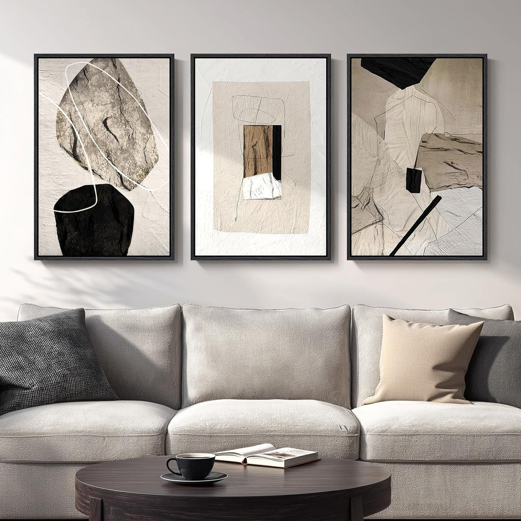 Large Framed Neutral Abstract Wall Art, 3 Piece Modern Canvas Prints Paintings Artwork for Walls, Minimalist Black