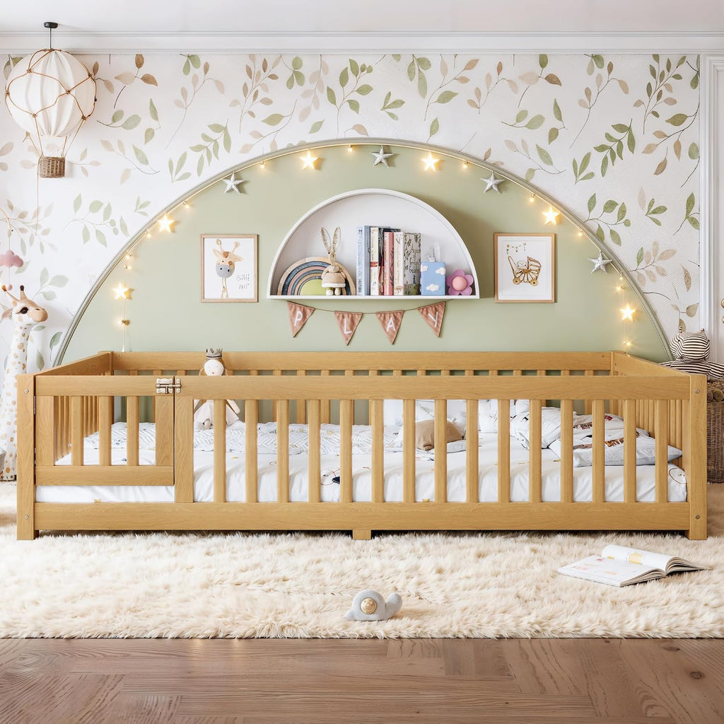 Queen Size Montessori Floor Bed Frame with Slats and Fence for Kids,Natural | Solid Wood,Full Surround Safety