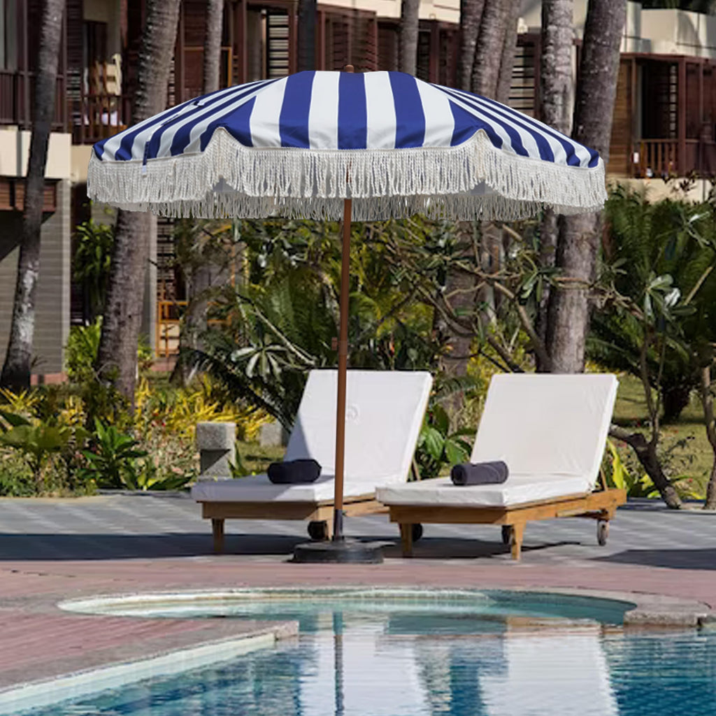 7ft Patio Umbrella with Fringe Outdoor Tassel Umbrella UPF50+ Wood Color Steel Pole and Steel Ribs Push Button Tilt
