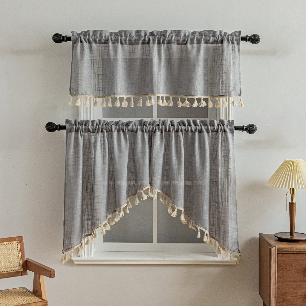 Beda Home Tassel Linen Textured Swag Curtain Valance, Grey, 52 x 18 in