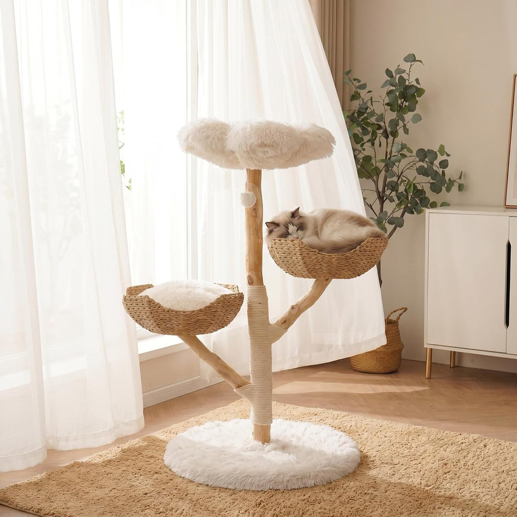 Modern Cat Tree Tower, 45" Wooden Cat Tree for Indoor Cats Large Adult, Real Solid Luxury Cat Condo with Scratching