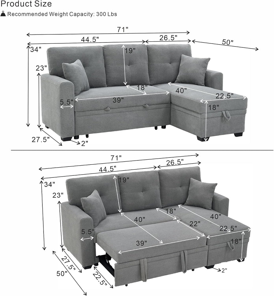 71" Sectional Sleeper Sofa,L Shaped 3 Seater Sectional Couches ,Pull Out Couch Convertible Sofa Bed with Reversible