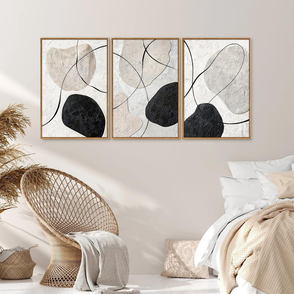 Black and White Framed Canvas Wall Art Set, Neutral Abstract Wall Decor, Modern Minimalist Geometric Art Prints, Calm