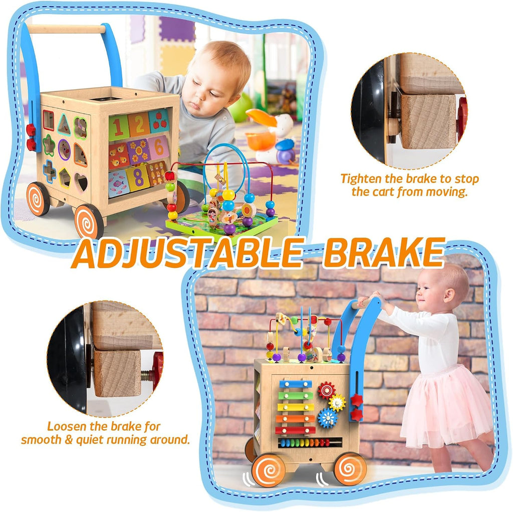 In-1 Wooden Activity Cube Walker for 1 Year Old, Sit-to-Stand Push Walker