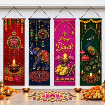 4 Pcs Happy Diwali Banner Set, Diwali Door Decorations 16.1 x 47.2 Inch, Indian Festival of Lights Porch Signs with