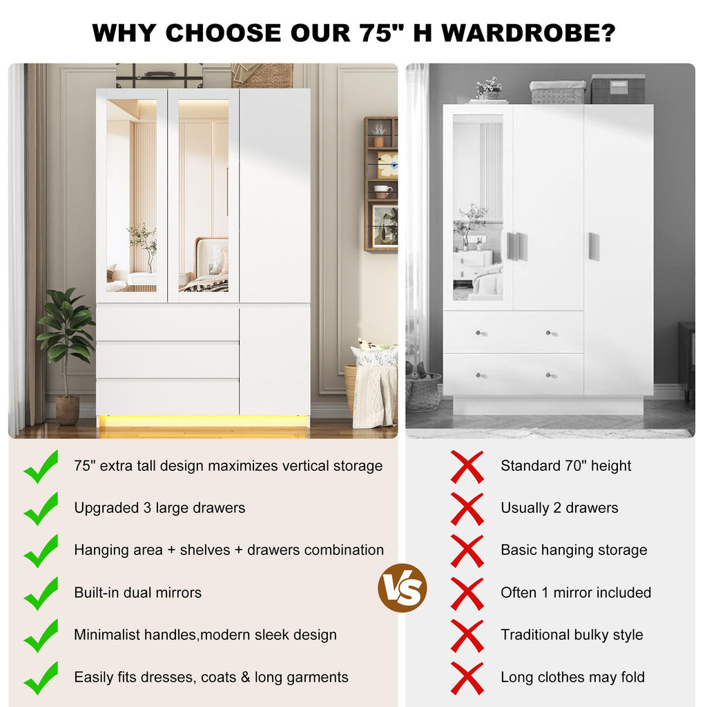 75"H Tall Modern 3 Doors Wooden Armoire Wardrobe Closet with 3 Drawers & 2 Mirror, Clothing Storage Cabinet with