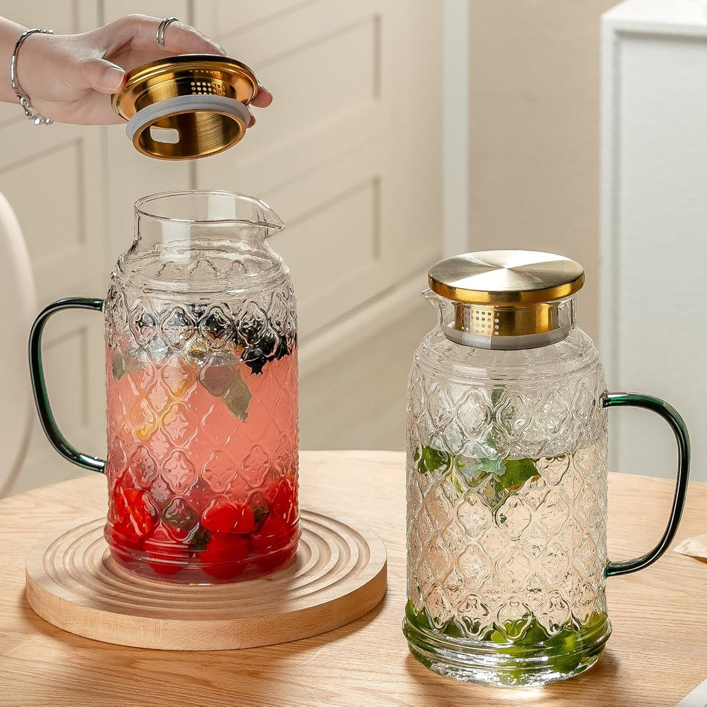 Glass Pitcher with Lid, 2 PACK 68 oz/2 Liter Vintage Water Pitcher, Clear Borosilicate Glass Water Carafe for Cold