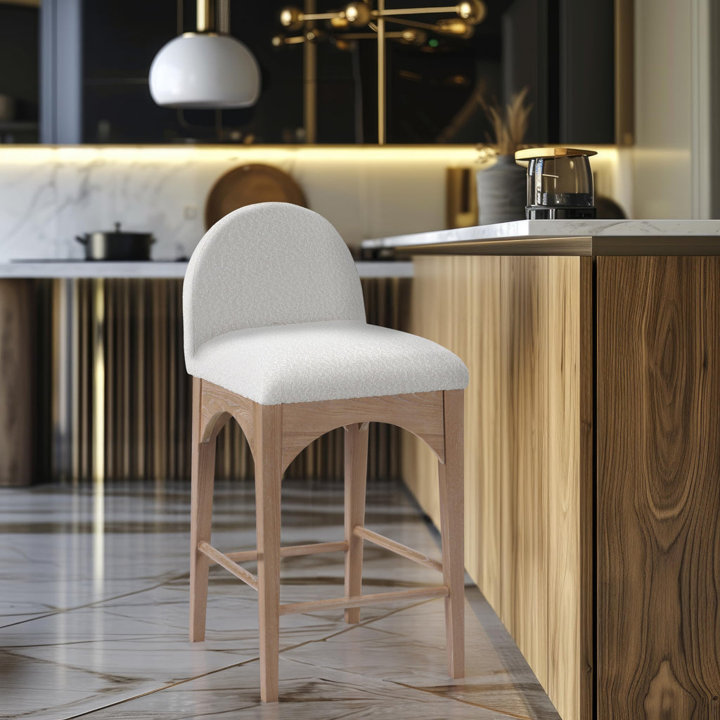 394Cream-C Waldorf Collection Art Deco Stool with Rich Cream Boucle Fabric, Solid Ash Wood, Natural Finish, Counter