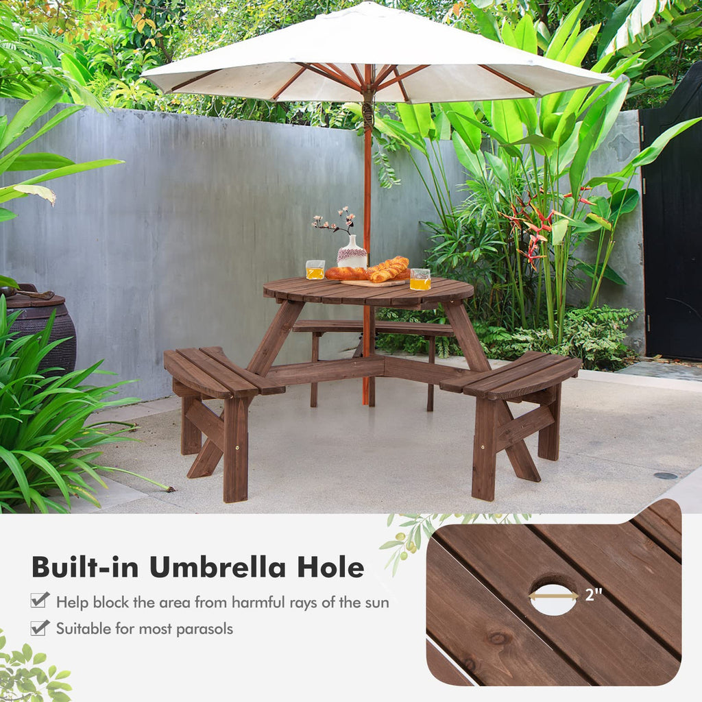 6 Person Wood Picnic Table, Outdoor Round Picnic Table with 3 Built-in Benches, Umbrella Hole, Outside Table and