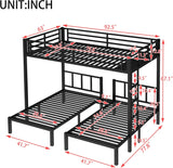 Triple Bunk Bed for Kids, Detachable Queen Over Twin & Twin Metal Bunk Bed with Guardrails, Ladder & Storage