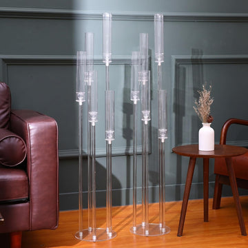 2 Pcs 5 Arm 46.4 x 8.7 Inch Acrylic Candelabra Centerpieces Holder Large Acrylic Candle Holder for Ceremony Floor
